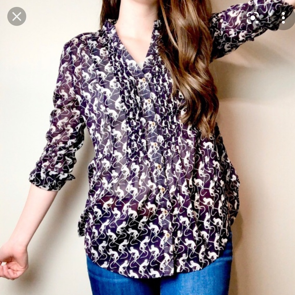 Maeve Anthropologie Plum Monkey Print Pintuck Top